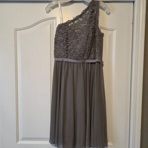 David's Bridal One-Shoulder Lace Dress in Gray